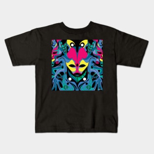 carnivale mask in alien pattern ecopop illustration in mexican totonac floral wallpaper Kids T-Shirt